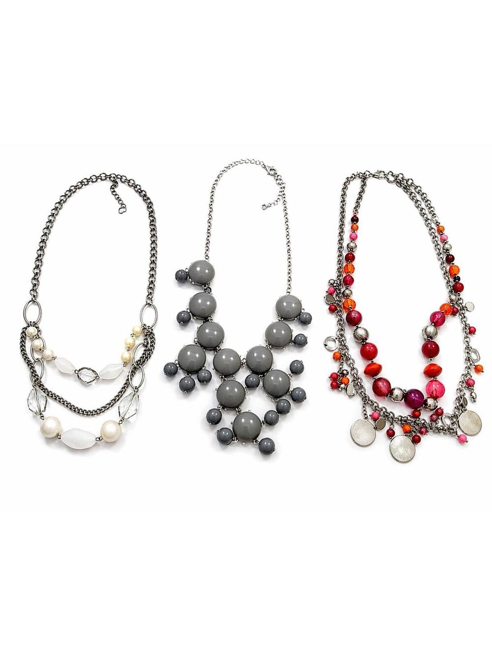Statement Necklace Lot 3pc Gray Beaded Silver Tone Red Orange Multi Strand